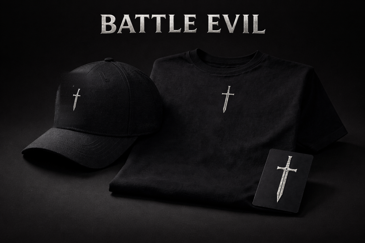 Battle Evil Starter Pack — hat, tee, and sword decal